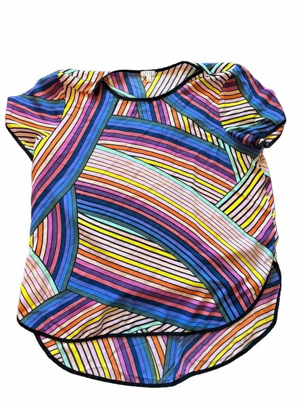 Spense Multicolor Geometric Striped Short Sleeve Blouse Top Size XL